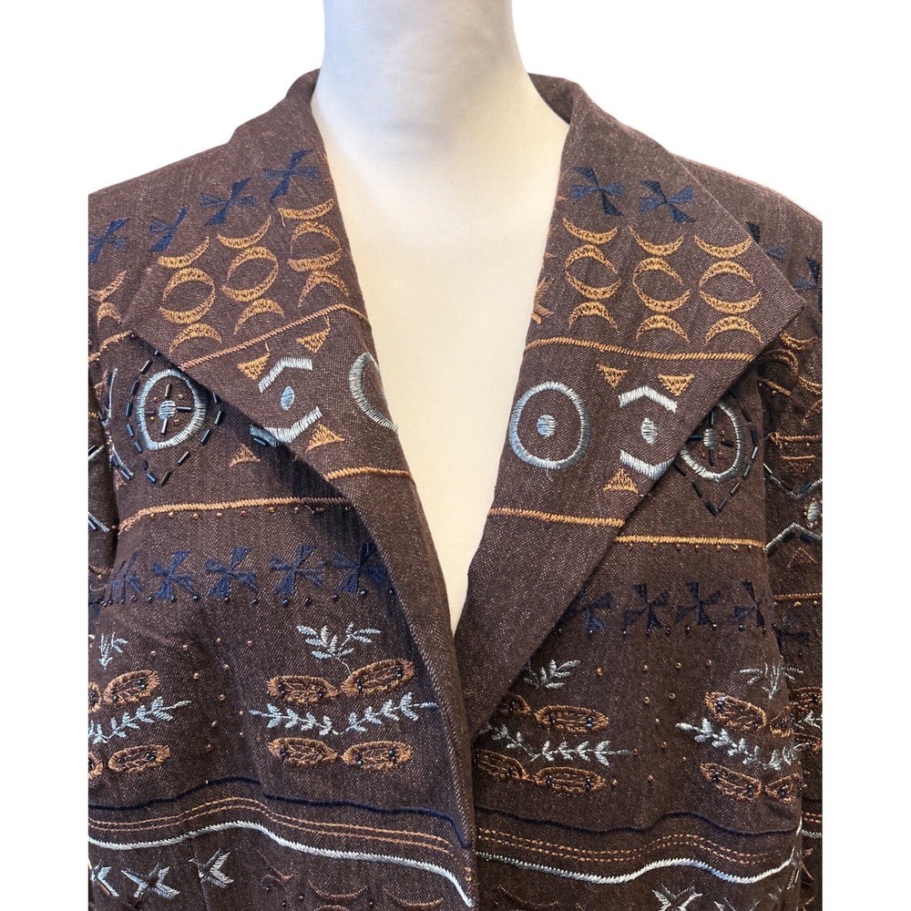Coldwater Creek Brown Embroidered Geometric Tribal Beaded Blazer Jacket Sz 20W - Picture 2 of 11